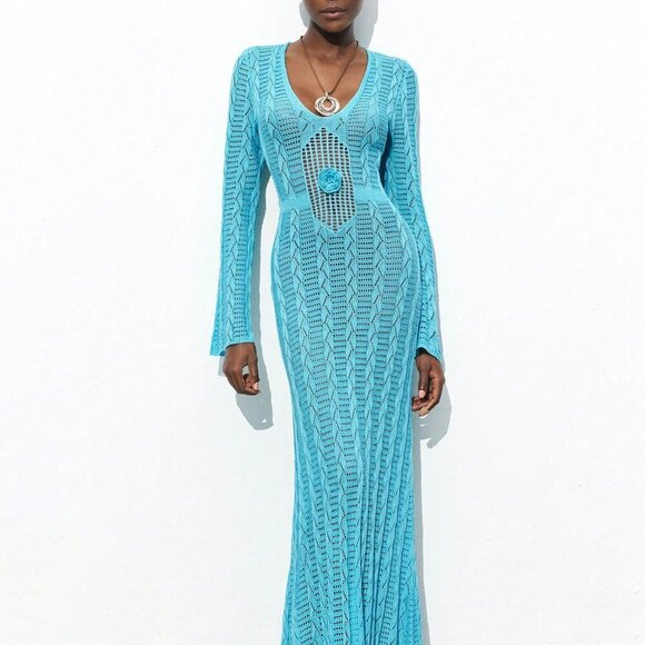 Blue Elegant Women's Season Hollow-Out Crochet Knit Dress - Picture 2 of 8